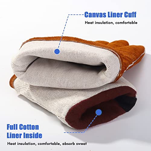 QeeLink Welding Gloves for Men - Fireproof Leather and Stitching - color: Brown (14-inch)