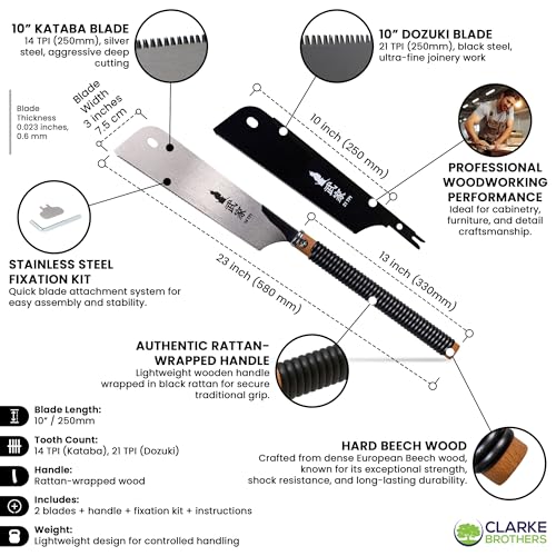 Clarke Brothers Japanese style Pull Saw Set of 2 – Kataba & Dozuki 10 Inch Blades with 1 Rattan Wooden Handle – Silver and Black Steel Blades, 14 TPI & 21 TPI – Woodworking Hand Saw Kit