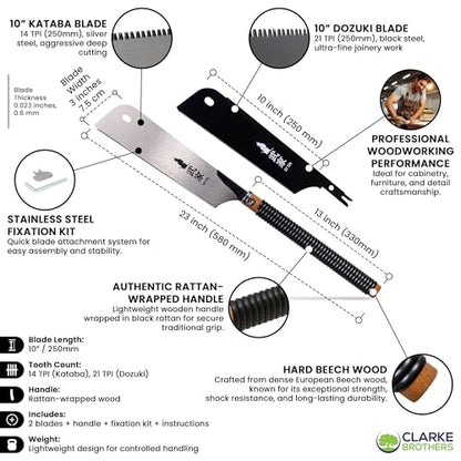 Clarke Brothers Japanese style Pull Saw Set of 2 – Kataba & Dozuki 10 Inch Blades with 1 Rattan Wooden Handle – Silver and Black Steel Blades, 14 TPI & 21 TPI – Woodworking Hand Saw Kit