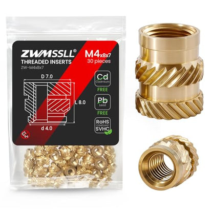 M4 Heat-Set Threaded Inserts, M4x8x7mm(30Pieces) Heat Set Insert for 3D Printing Components and Plastic Parts,Brass Metric Knurled Nuts - size: M4x8x7mm