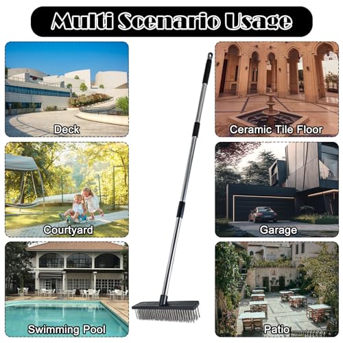 Heavy Duty Wire Push Broom Brush, 15.7" Stainless Steel Bristle Deck Brush with Long Handle for Removing Weeds, Outdoor Broom for Rough Surface Dirt