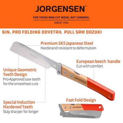JORGENSEN Japanese Pull Saw, 6 Inch Pro Folding Dovetail Saw with Beech Wood Long handle, SK5 Steel Blade Tool-less Quick Change, 21TPI Cross Cut Woodworking Handsaw for Hardwood, Softwood - size: 6 Inch