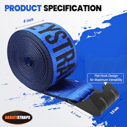 4 Inch Flat Hook Truck Straps Heavy Duty 30 FT - 6000LB Working Load Winch Strap & Tree Saver, 18000LB Break Strength Tie Downs for Flatbed Trailers and Off-Road Recovery (10 Pcs) - color: Blue