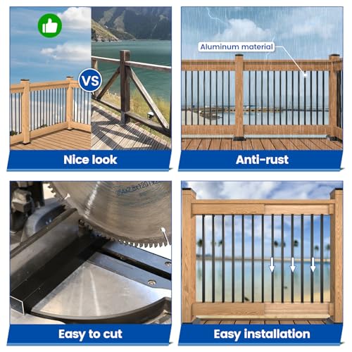 Muzata 4Pack Adjustable Post Base Brackets Deck Post Anchor Fit for Deck Railing Mailbox WT32 Bundle with 50Pack 32" Aluminum Deck Balusters Square Black for Wood and Composite Deck WT26