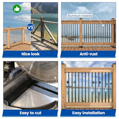 Muzata 4Pack Adjustable Post Base Brackets Deck Post Anchor Fit for Deck Railing Mailbox WT32 Bundle with 50Pack 32" Aluminum Deck Balusters Square Black for Wood and Composite Deck WT26