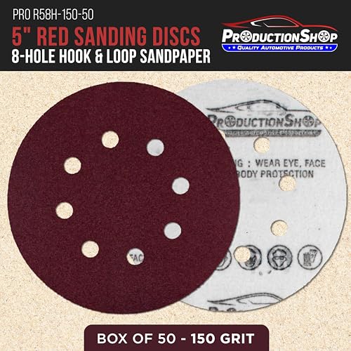 ProductionShop Premium 5" Red 8-Hole Pattern 150 Grit Sanding Discs, Box of 50 - Dustless Hook & Loop Backing Sandpaper for Random Orbital Sanders, Medium-Fine-Cut Abrasive - Woodworking, Auto Paint - style: 150 Grit