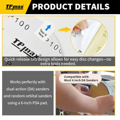 TPmax 6-Inch 80-Grit Gold PSA Sanding Discs, 40 Pack – Pro-Grade Self-Adhesive Stickyback Sandpaper with Quick-Release Tabs for DA Sander, Medium-Coarse Automotive/Wood/Metal Sanding - style: 80 Grit