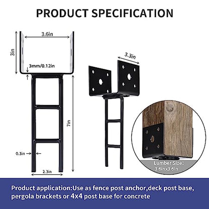 4 Pack U Shape Post Anchor, 4"x 4" Post Base for Concrete, Design Patented Product, 11 Gauge 3 mm Thickness Galvanized Black Pergola Deck Bracket with Screws(Inner Dia 3.6x3.6) - size: 4x4"