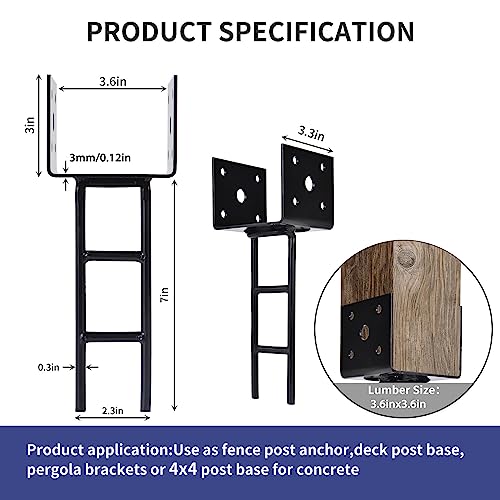 TPSHKE12 Pack U Shape Post Anchor, 4"x 4" Post Base for Concrete, Design Patented Product, 11 Gauge 3 mm Thickness Galvanized Black Pergola Deck Bracket with Screws(Inner Dia 3.6x3.6)