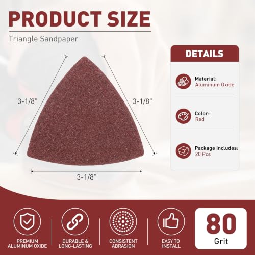 20Pcs Triangle Sandpaper 3-1/8" 80Grit Red - size: 3 1/8inch, 80 Grit