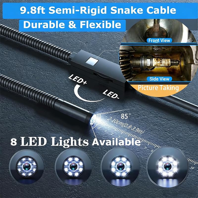 Endoscope Camera with Light, 1920P HD Borescope Camera with 9.8FT Semi-Rigid Snake Cable, 8 LED Lights IP67 Waterproof Inspection Camera for iPhone Android - style: Single-Lens-9.8 FT