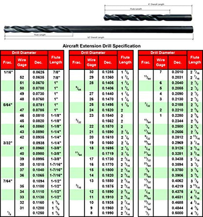 MAXTOOL 1/4"x6" 6pcs Identical Aircraft Extension Drills HSS M2 Extra Long Deep Twist Drill Bits Straight Shank Fully Ground Black; ACF02B06R16P6 - size: 1/4"x6"