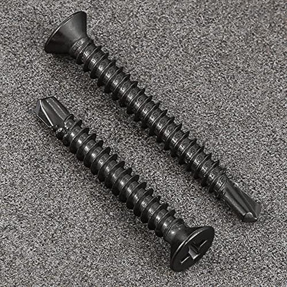Wensilon（250pcs）#8×1-1/4”for Sheet Metal Self-Tapping Screws 410 Black Stainless Steel Flat Head High-Strength Quick self-Drilling Screws - color: Black, size: #8X1-1/4"
