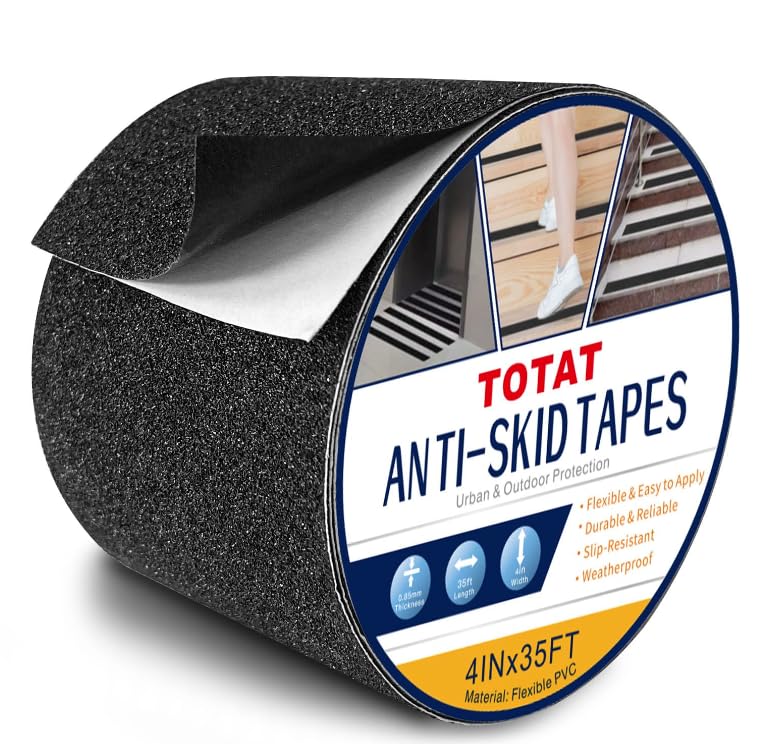 Black Anti-Slip Stair Treads Tape,4" x35FT Heavy Duty PVC Non-Skid Grip Tape for Wooden Steps, Indoor/Outdoor Stairs, Pool Decks - Peel & Stick Waterproof Safety Traction - size: 4IN x 35FT