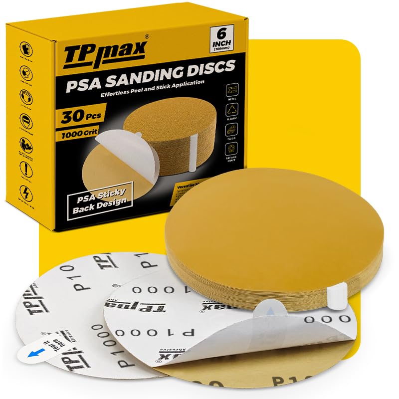 TPmax 6-Inch 1000-Grit Gold PSA Sanding Discs, 30 Pack – Pro-Grade Self-Adhesive Stickyback Sandpaper with Quick-Release Tabs for DA Sander, Ultra-Smooth Automotive/Wood/Metal Sanding - style: 1000 Grit