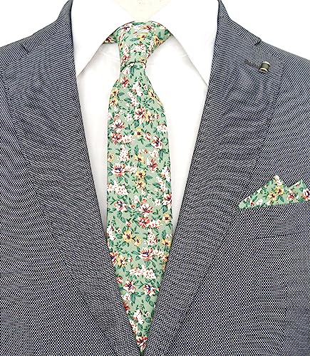 Cotton 2.5-Inch Skinny Floral Tie and Pocket Square Set for Men - color: Jade Green