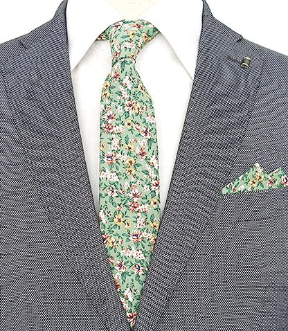 Cotton 2.5-Inch Skinny Floral Tie and Pocket Square Set for Men - color: Jade Green