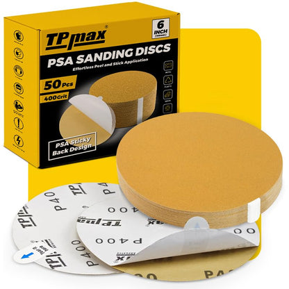 TPmax 6-Inch 400-Grit Gold PSA Sanding Discs, 50 Pack – Pro-Grade Self-Adhesive Stickyback Sandpaper with Quick-Release Tabs for DA Sander, Superfine Automotive/Wood/Metal Sanding - style: 400 Grit