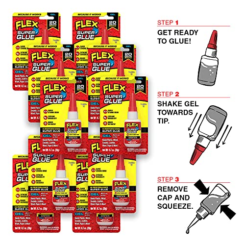 Flex Super Glue Gel, 20 Gram Bottle, 10-Pack, Clear, Instant Bond, Quick Dry, Cyanoacrylate Adhesive, Precision Tip for Wood, Metal, Plastic, Crafts, Ceramic, and Toy Repairs - size: 10-Pack, style: Gel 20 Gram Bottle