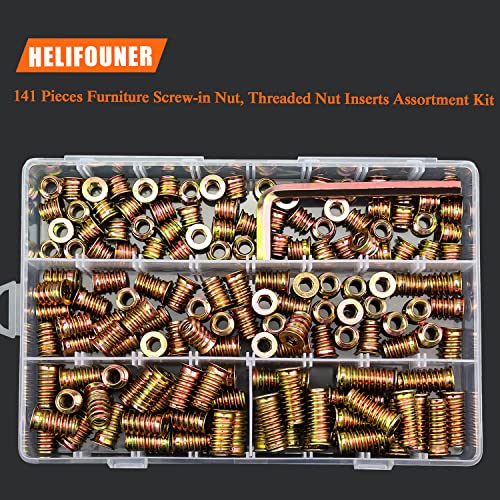 1/4-20 Threaded Inserts, Wood Inserts, Steel Threaded Inserts for Wood Furniture Screw, HELIFOUNER 140 Pieces 1/4"-20 x 10mm/15mm/20mm/25mm Threaded Inserts Kit with Hex Wrench - size: 1/4"-20 Assortment Kit