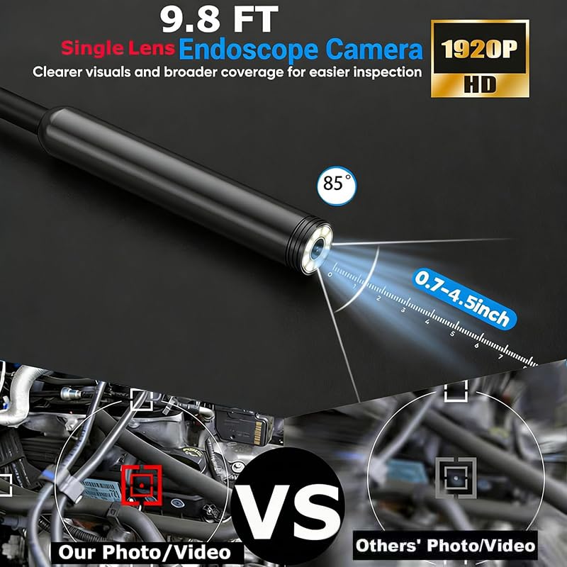 Endoscope Camera with Light, 1920P HD Borescope Camera with 9.8FT Semi-Rigid Snake Cable, 8 LED Lights IP67 Waterproof Inspection Camera for iPhone Android - style: Single-Lens-9.8 FT