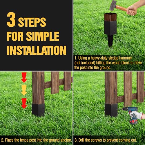 LADECH 4x4 Fence Post Anchor Ground Spike 16” Length Metal Black Powder Coated – Mailbox Post Anchors – Fit 3.5x3.5 Wood Posts (4 Pcs)