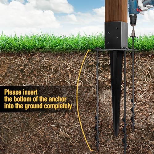 LADECH Set of 4 4x4 Fence Post Anchor Ground Spike 24” Length with Ground Anchors Screw in - Metal Black Powder Coated – Mailbox Post Anchors – Fit 3.5x3.5 Square