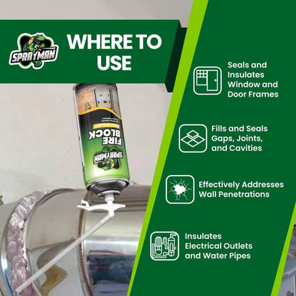 SPRAYMAN Fire Block Spray Foam - (12x12oz) Orange Fire Block Spray, Fire Rated Polyurethane Foam for Gap Filling, Sealing on Windows & Doors, Walls, Joints & Pipes, Straw Use - 12 Pack - size: 12 Pack