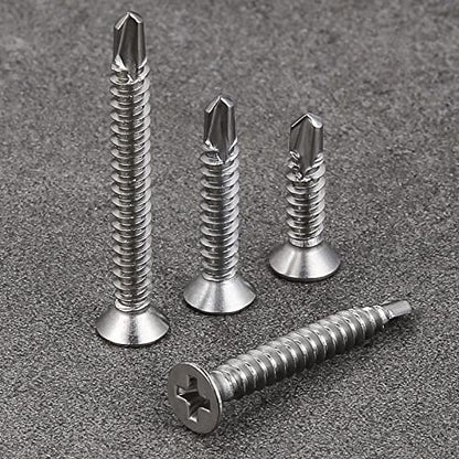 Wensilon（200pcs）#8×1-1/2”for Sheet Metal Self-Tapping Screws 410 Stainless Steel Flat Head High-Strength Quick self-Drilling Screws - color: Silver, size: #8X1-1/2"