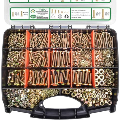 Foliv 1580pcs Metric Bolt Assortment, M4 M5 M6 M8 Nuts and Bolts Assortment Kit, Grade 8.8 Alloy Steel with Yellow Zinc Plated, Length from 12-30mm - size: 1580PCS M4 M5 M6 M8
