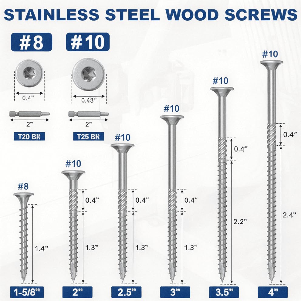 QISHENG #10 X 3 304SS Waxed Flat Head Deck Screws, T25 Star Drive, 100 PCS - size: #10X3"