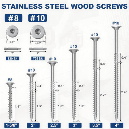 QISHENG #10 X 3 304SS Waxed Flat Head Deck Screws, T25 Star Drive, 100 PCS - size: #10X3"