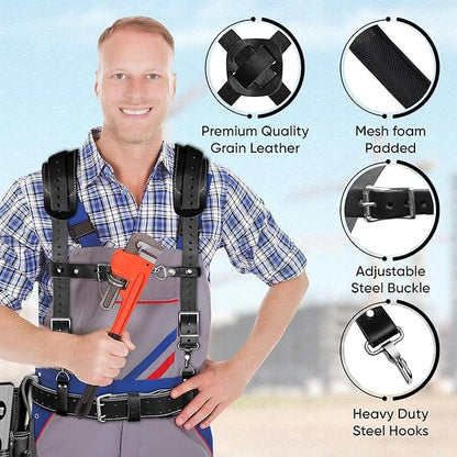 FUERI Construction Tool Belt/Tool Rig for Men & Women with Suspender, Leather Utility Belt Organizer with 17 Pockets, Full-Grain Leather, Double stitching and rivet reinforcement. - color: Black Tool Belt With Suspender