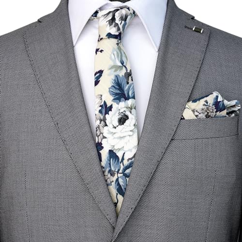 Cotton 2.5-Inch Skinny Floral Tie and Pocket Square Set for Men - color: Beige Peony