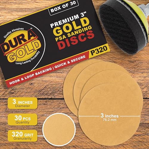 Dura-Gold - Premium - 320 Grit 3" Gold Hook & Loop Sanding Discs for DA - size: 320-Grit