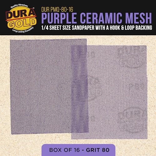 Dura-Gold 80 Grit 1/4 Sheet Size Purple Ceramic Mesh Sandpaper, Box of 16 - style: 80 Grit