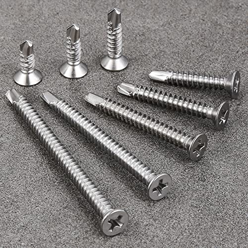 Wensilon（300pcs）#8×1”for Sheet Metal Self-Tapping Screws 410 Stainless Steel Flat Head High-Strength Quick self-Drilling Screws - color: Silver, size: #8X1"