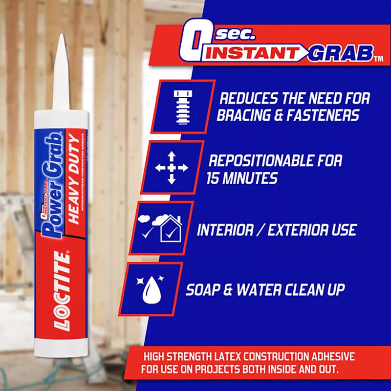 Loctite Power Grab Express Heavy Duty Construction Adhesive, 9 fl oz Cartridge - Versatile Constuction Glue for Wood, Wall, Tile, Foam Board & More (Pack of 12)