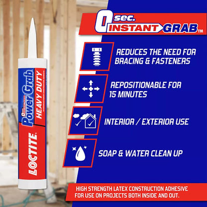 Loctite Power Grab Express Heavy Duty Construction Adhesive, 9 fl oz Cartridge - Versatile Constuction Glue for Wood, Wall, Tile, Foam Board & More (Pack of 12)