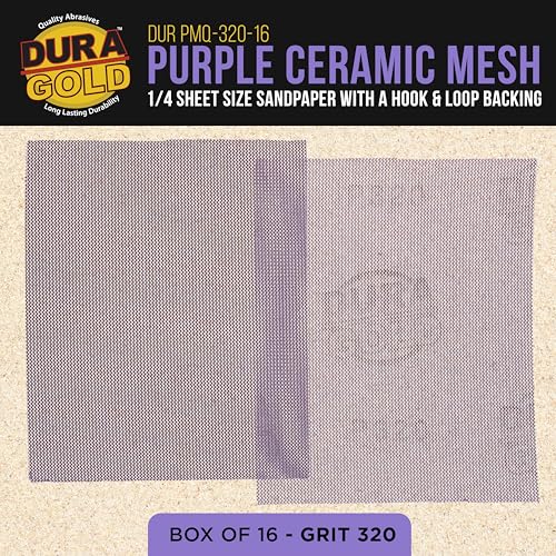Dura-Gold 320 Grit 1/4 Sheet Size Purple Ceramic Mesh Sandpaper, Box of 16 - style: 320 Grit