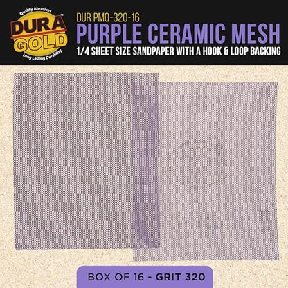 Dura-Gold 320 Grit 1/4 Sheet Size Purple Ceramic Mesh Sandpaper, Box of 16 - style: 320 Grit