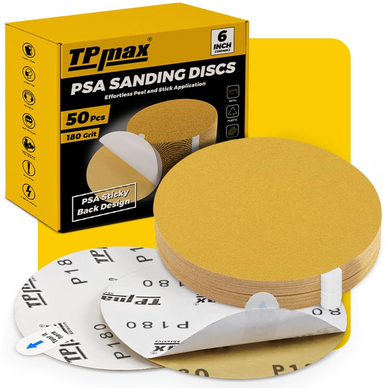 TPmax 6-Inch 180-Grit Gold PSA Sanding Discs, 50 Pack – Pro-Grade Self-Adhesive Stickyback Sandpaper with Quick-Release Tabs for DA Sander, Fine Automotive/Wood/Metal Sanding - style: 180 Grit