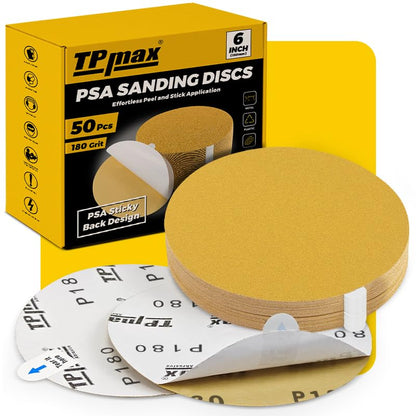 TPmax 6-Inch 180-Grit Gold PSA Sanding Discs, 50 Pack – Pro-Grade Self-Adhesive Stickyback Sandpaper with Quick-Release Tabs for DA Sander, Fine Automotive/Wood/Metal Sanding - style: 180 Grit