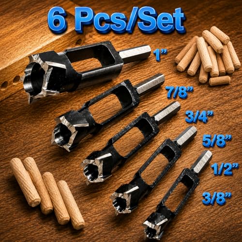Wood Tenon Dowel Plug Cutter 6Pcs Set Tenon Cutter Plug Maker Woodworking Drill Bit - size: 6pcs set