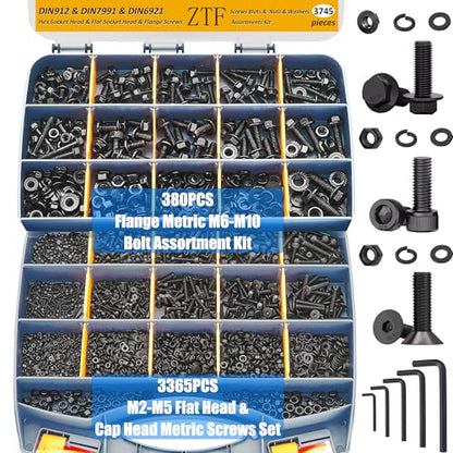 ZTF 3745PCS Metric Bolt Assortment Kit, M2-M10 Hex Socket Screws & Nuts - size: Flange+Flat+Button Head