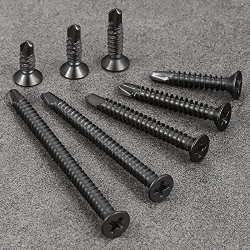 Wensilon（300pcs）#8×1”for Sheet Metal Self-Tapping Screws 410 Black Stainless Steel Flat Head High-Strength Quick self-Drilling Screws - color: Black, size: #8X1"