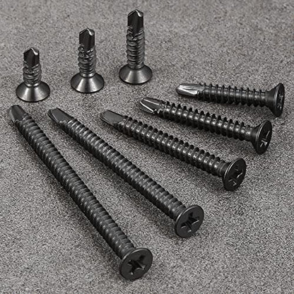 Wensilon（300pcs）#8×1”for Sheet Metal Self-Tapping Screws 410 Black Stainless Steel Flat Head High-Strength Quick self-Drilling Screws - color: Black, size: #8X1"