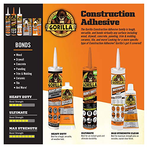 Gorilla Heavy Duty Construction Adhesive, White Glue, 2.5 Ounce Squeeze Tube (Pack of 5) - Gap Filling and Waterproof - size: 2.5 Ounce (Pack of 5)