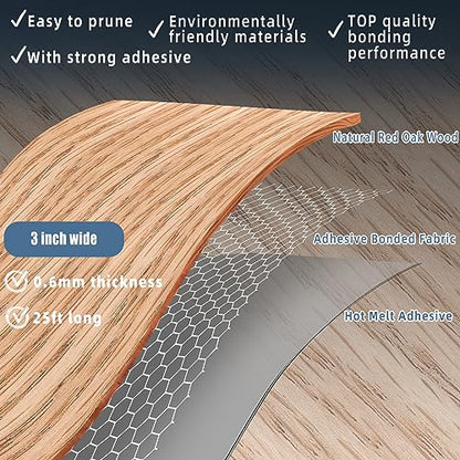 Red Oak Edge Banding, 3 inch x 25ft Plywood Veneer Wood Edge Banding, Preglued Wood Tape Banding for Cabinet Repair - color: Red Oak, size: 3"x 25ft