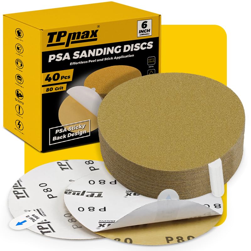 TPmax 6-Inch 80-Grit Gold PSA Sanding Discs, 40 Pack – Pro-Grade Self-Adhesive Stickyback Sandpaper with Quick-Release Tabs for DA Sander, Medium-Coarse Automotive/Wood/Metal Sanding - style: 80 Grit